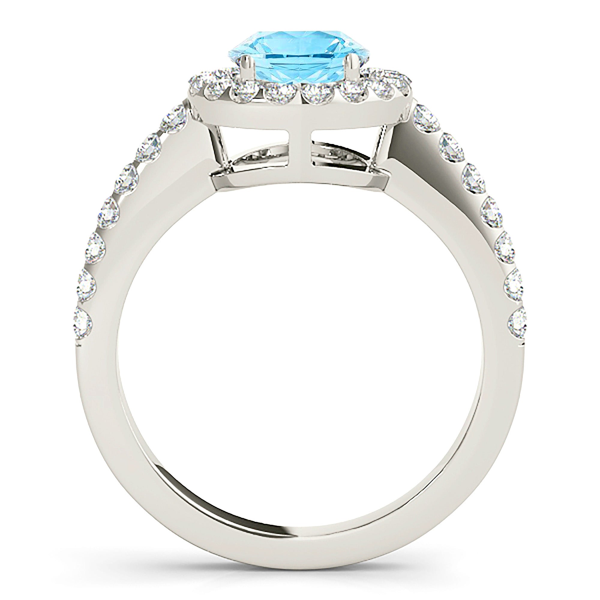 1.10 ct. Genuine Aquamarine Ring With 0.50 ctw. Diamond Halo, Delicate Thin Diamond Band, Cathedral Setting |Round Blue Aquamarine Halo Ring-VIRABYANI